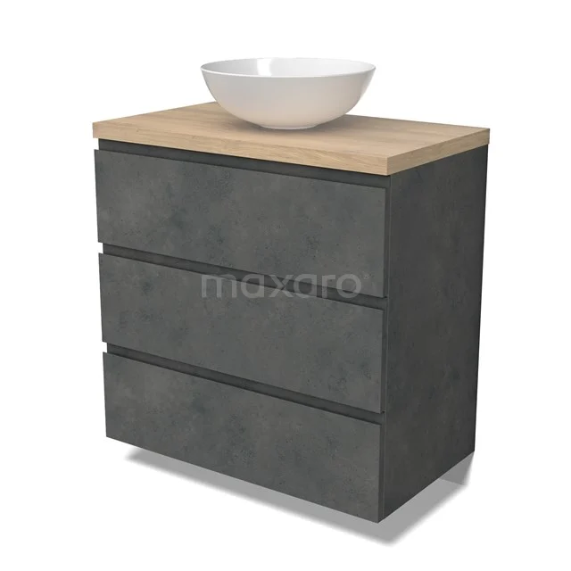 Modulo Plato Vanity units for countertop basin | 80 cm Dark grey concrete Handle-less front Light brown oak worktop 3 drawers BMK19-01584