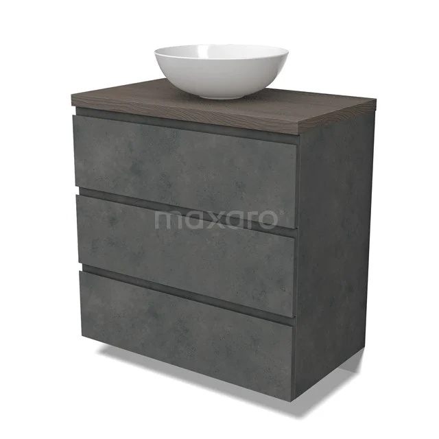 Modulo Plato Badmöbel mit Aufsatzwaschbecken | 80 cm Dunkelgrauer Beton Grifflos front Dunkelbraune Eiche blatt 3 Schubladen BMK19-01586