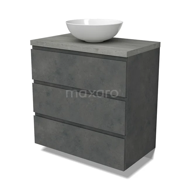 Modulo Plato Vanity units for countertop basin | 80 cm Dark grey concrete Handle-less front Grey oak worktop 3 drawers BMK19-01587