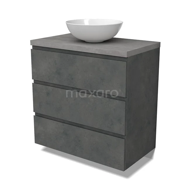 Modulo Plato Badmöbel mit Aufsatzwaschbecken | 80 cm Dunkelgrauer Beton Grifflos front Hellgrauer Beton blatt 3 Schubladen BMK19-01588