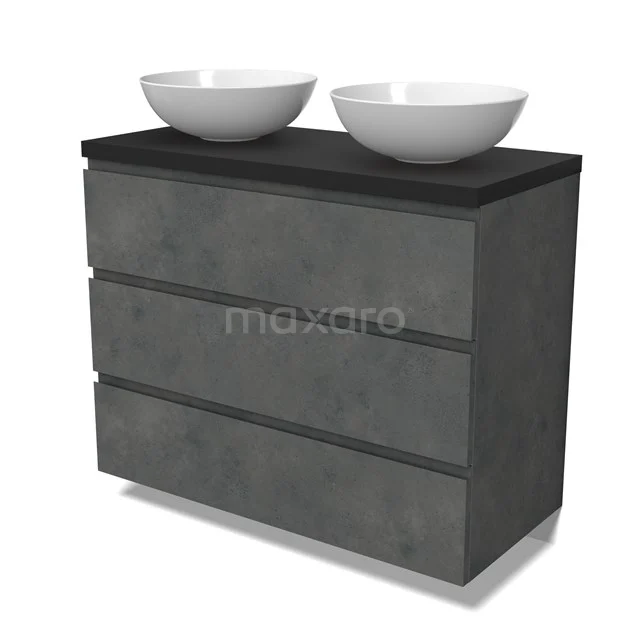 Modulo Plato Vanity units for countertop basin | 100 cm Dark grey concrete Handle-less front Matte black worktop 3 drawers BMK19-01590