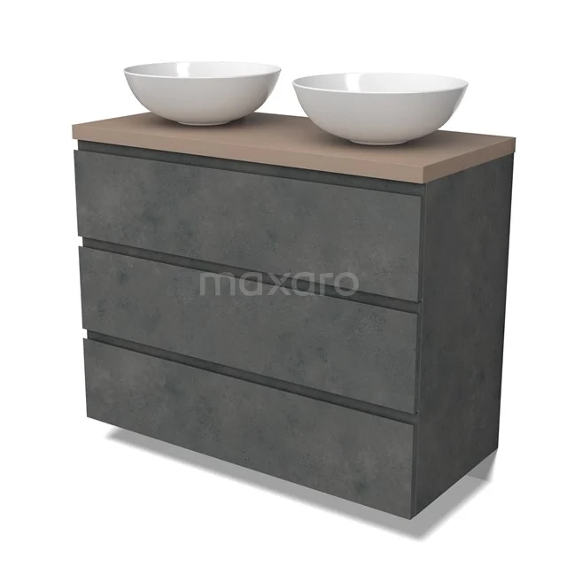 Modulo Plato Vanity units for countertop basin | 100 cm Dark grey concrete Handle-less front Taupe worktop 3 drawers BMK19-01591