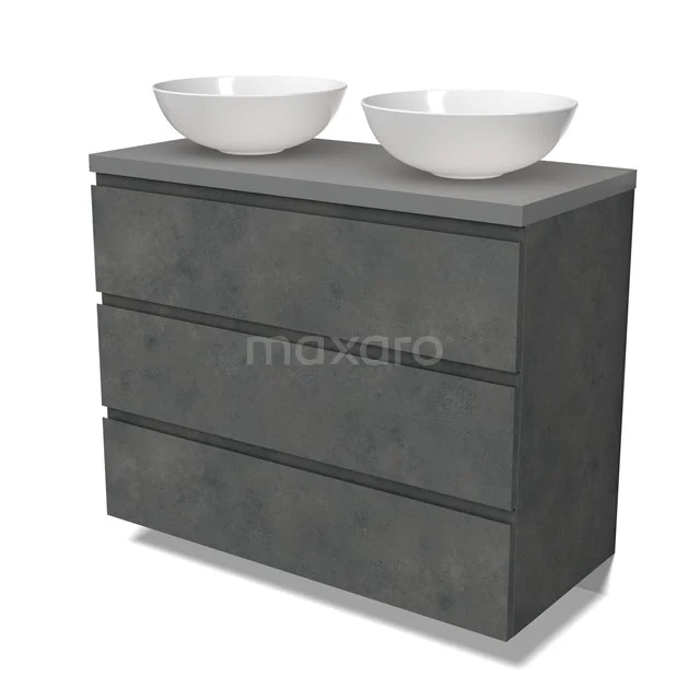 Modulo Plato Vanity units for countertop basin | 100 cm Dark grey concrete Handle-less front Mid grey worktop 3 drawers BMK19-01592