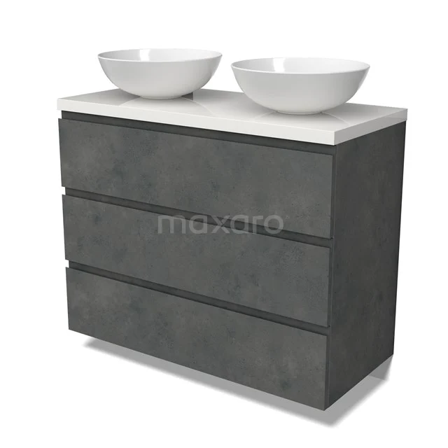 Modulo Plato Vanity units for countertop basin | 100 cm Dark grey concrete Handle-less front High-gloss white worktop 3 drawers BMK19-01593
