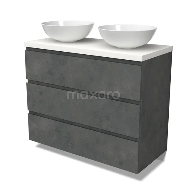 Modulo Plato Vanity units for countertop basin | 100 cm Dark grey concrete Handle-less front Matte white worktop 3 drawers BMK19-01594