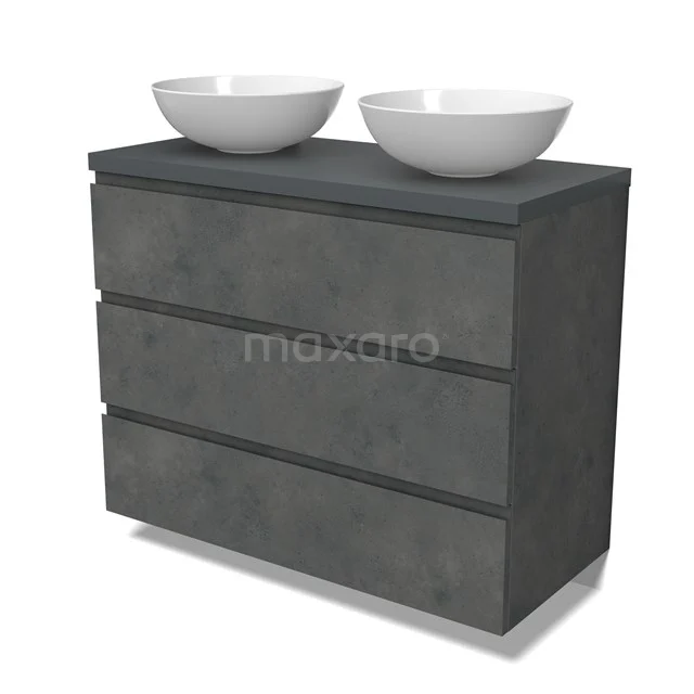 Modulo Plato Vanity units for countertop basin | 100 cm Dark grey concrete Handle-less front Dark grey worktop 3 drawers BMK19-01595