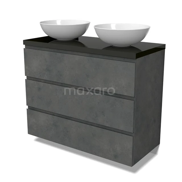 Modulo Plato Vanity units for countertop basin | 100 cm Dark grey concrete Handle-less front High-gloss black worktop 3 drawers BMK19-01596
