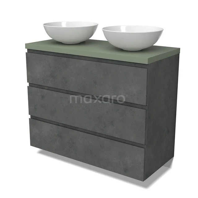 Modulo Plato Vanity units for countertop basin | 100 cm Dark grey concrete Handle-less front Sage green worktop 3 drawers BMK19-01597