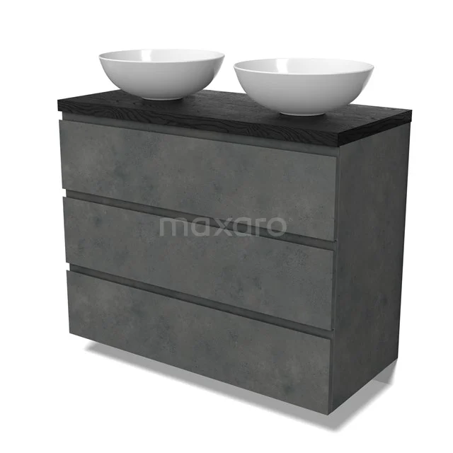 Modulo Plato Vanity units for countertop basin | 100 cm Dark grey concrete Handle-less front Black oak worktop 3 drawers BMK19-01598