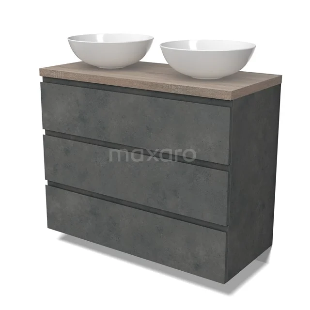 Modulo Plato Vanity units for countertop basin | 100 cm Dark grey concrete Handle-less front Oak worktop 3 drawers BMK19-01599