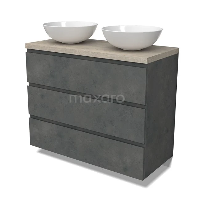 Modulo Plato Badmöbel mit Aufsatzwaschbecken | 100 cm Dunkelgrauer Beton Grifflos front Hellgraue Eiche blatt 3 Schubladen BMK19-01600