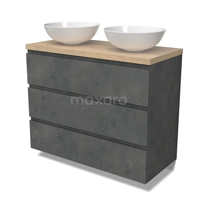 Modulo Plato Vanity units for countertop basin | 100 cm Dark grey concrete Handle-less front Light brown oak worktop 3 drawers BMK19-01601
