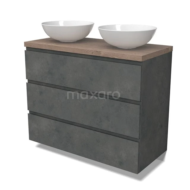 Modulo Plato Vanity units for countertop basin | 100 cm Dark grey concrete Handle-less front Mid brown oak worktop 3 drawers BMK19-01602