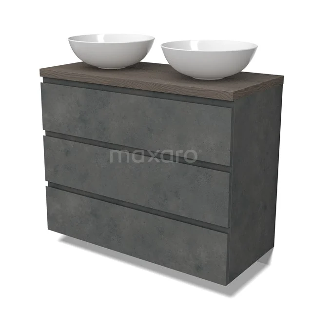 Modulo Plato Vanity units for countertop basin | 100 cm Dark grey concrete Handle-less front Dark brown oak worktop 3 drawers BMK19-01603