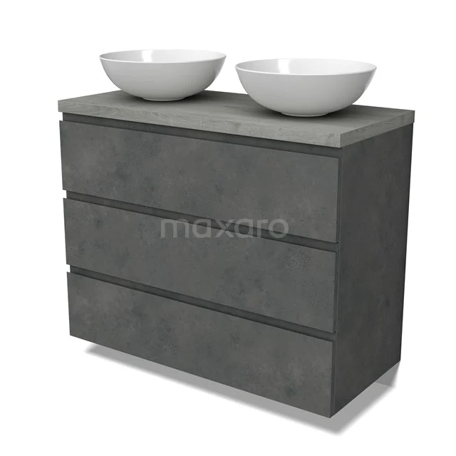 Modulo Plato Vanity units for countertop basin | 100 cm Dark grey concrete Handle-less front Grey oak worktop 3 drawers BMK19-01604