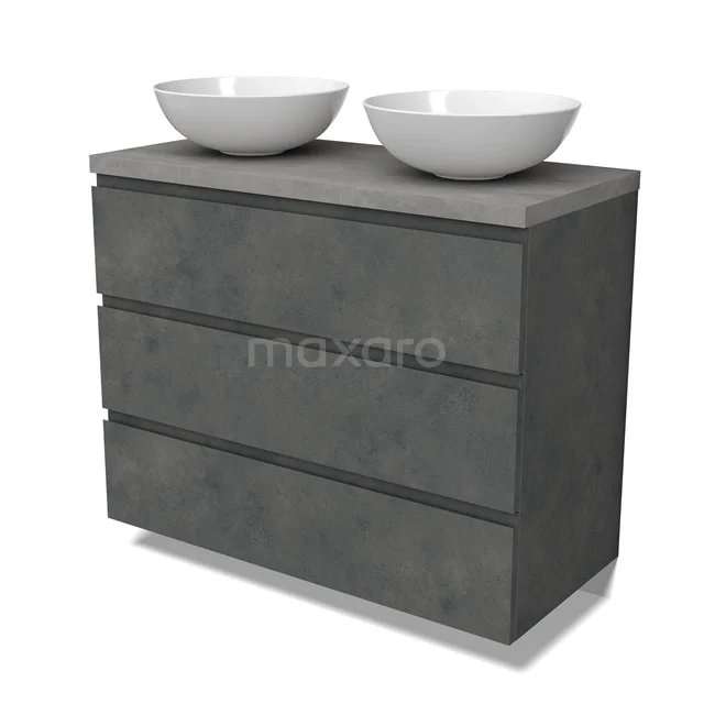 Modulo Plato Vanity units for countertop basin | 100 cm Dark grey concrete Handle-less front Light grey concrete worktop 3 drawers BMK19-01605