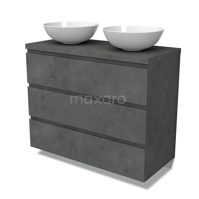 Modulo Plato Vanity units for countertop basin | 100 cm Dark grey concrete Handle-less front Dark grey concrete worktop 3 drawers BMK19-01606