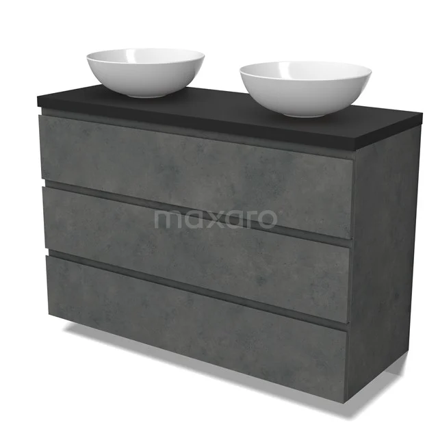 Modulo Plato Vanity units for countertop basin | 120 cm Dark grey concrete Handle-less front Matte black worktop 3 drawers BMK19-01607