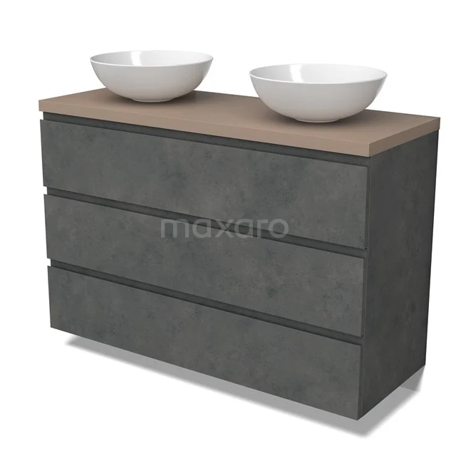 Modulo Plato Badmöbel mit Aufsatzwaschbecken | 120 cm Dunkelgrauer Beton Grifflos front Taupe blatt 3 Schubladen BMK19-01608
