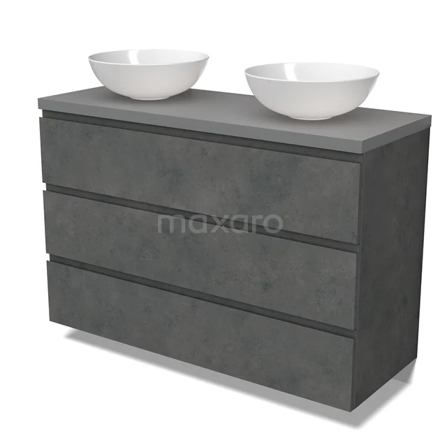 Modulo Plato Vanity units for countertop basin | 120 cm Dark grey concrete Handle-less front Mid grey worktop 3 drawers BMK19-01609