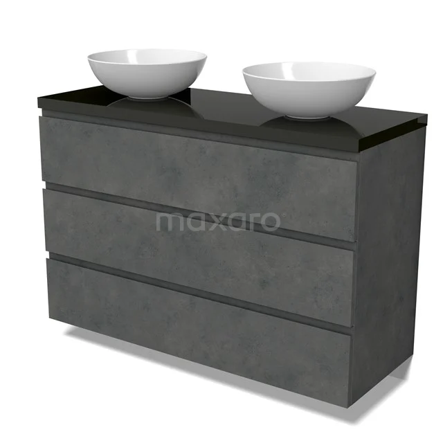 Modulo Plato Vanity units for countertop basin | 120 cm Dark grey concrete Handle-less front High-gloss black worktop 3 drawers BMK19-01613