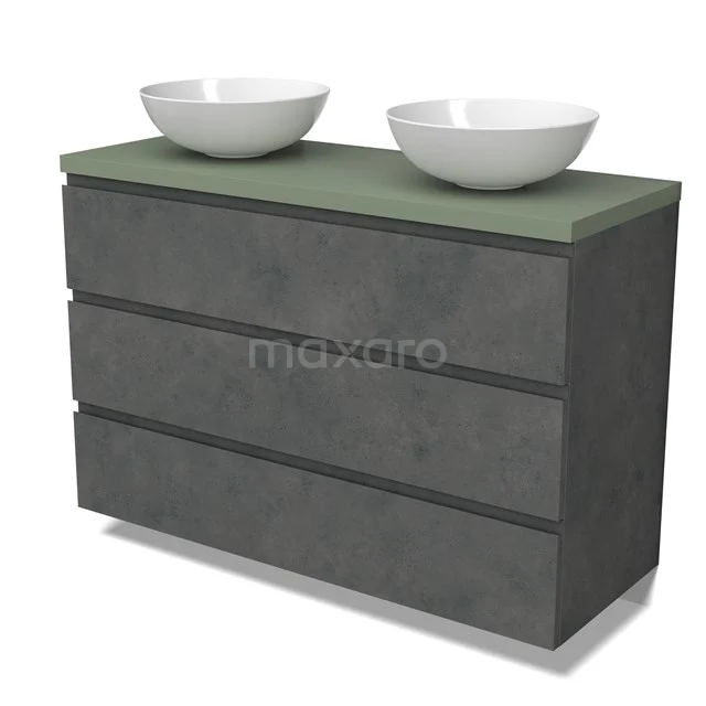 Modulo Plato Vanity units for countertop basin | 120 cm Dark grey concrete Handle-less front Sage green worktop 3 drawers BMK19-01614