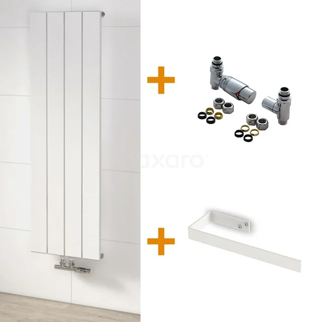 White vertical design radiator with accessories, including mounting bracket and connection set; ideal for a modern bathroom.