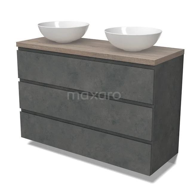 Modulo Plato Vanity units for countertop basin | 120 cm Dark grey concrete Handle-less front Oak worktop 3 drawers BMK19-01616