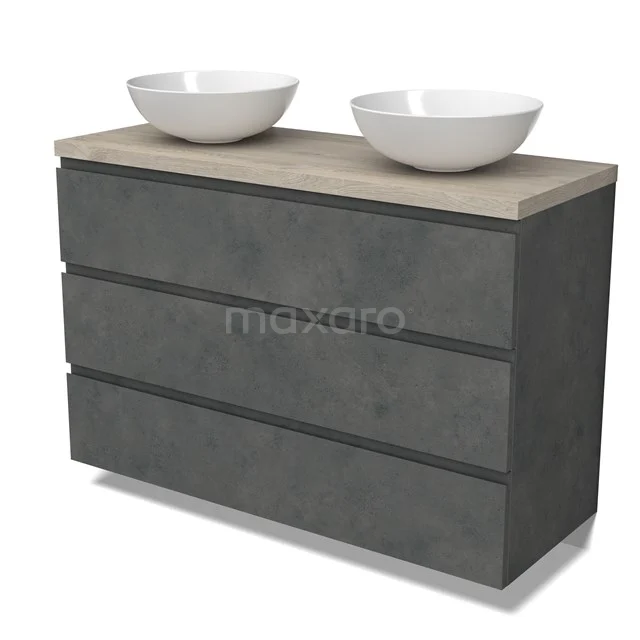 Modulo Plato Vanity units for countertop basin | 120 cm Dark grey concrete Handle-less front Light grey oak worktop 3 drawers BMK19-01617