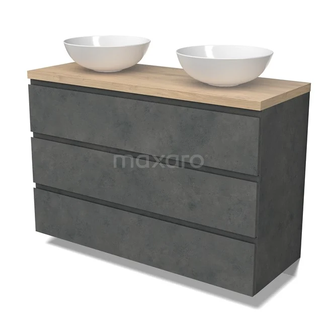 Modulo Plato Vanity units for countertop basin | 120 cm Dark grey concrete Handle-less front Light brown oak worktop 3 drawers BMK19-01618