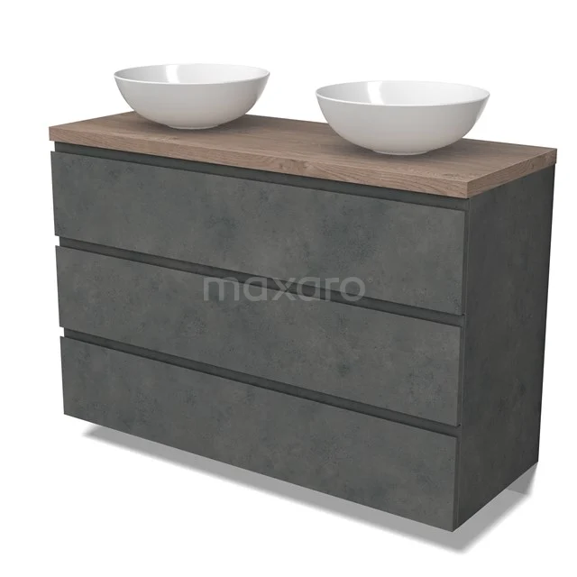 Modulo Plato Vanity units for countertop basin | 120 cm Dark grey concrete Handle-less front Mid brown oak worktop 3 drawers BMK19-01619