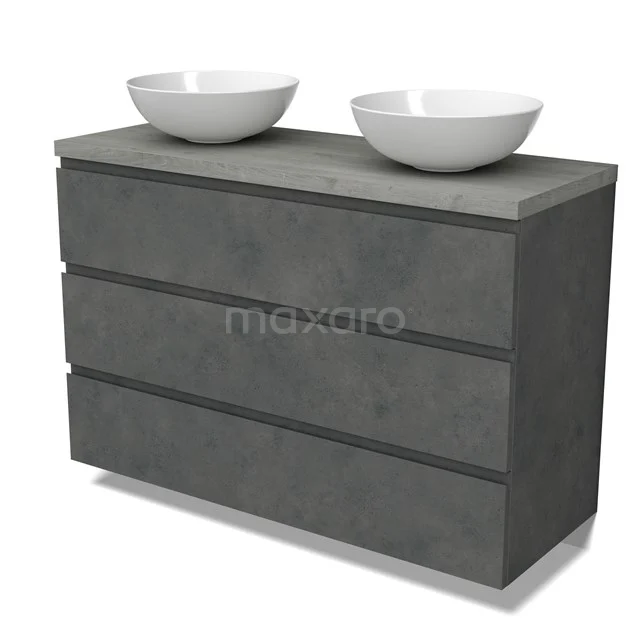 Modulo Plato Vanity units for countertop basin | 120 cm Dark grey concrete Handle-less front Grey oak worktop 3 drawers BMK19-01621