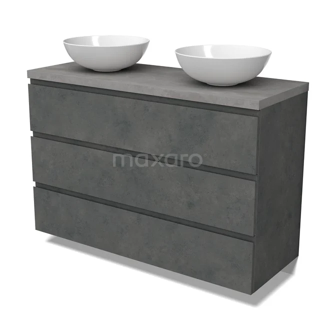 Modulo Plato Vanity units for countertop basin | 120 cm Dark grey concrete Handle-less front Light grey concrete worktop 3 drawers BMK19-01622
