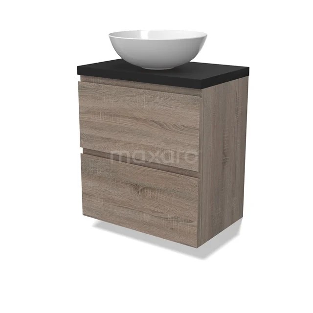Modulo Plato Slim Vanity units for countertop basin | 60 cm Oak Handle-less front Matte black worktop 2 Stacked drawers BMK37-02465