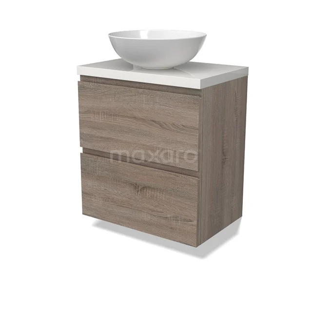 Modulo Plato Slim Vanity units for countertop basin | 60 cm Oak Handle-less front High-gloss white worktop 2 Stacked drawers BMK37-02467