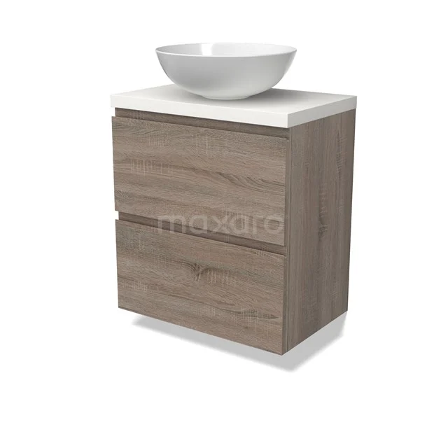 Modulo Plato Slim Vanity units for countertop basin | 60 cm Oak Handle-less front Matte white worktop 2 Stacked drawers BMK37-02468
