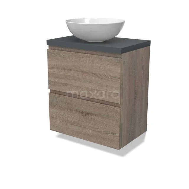 Modulo Plato Slim Vanity units for countertop basin | 60 cm Oak Handle-less front Dark grey worktop 2 Stacked drawers BMK37-02469