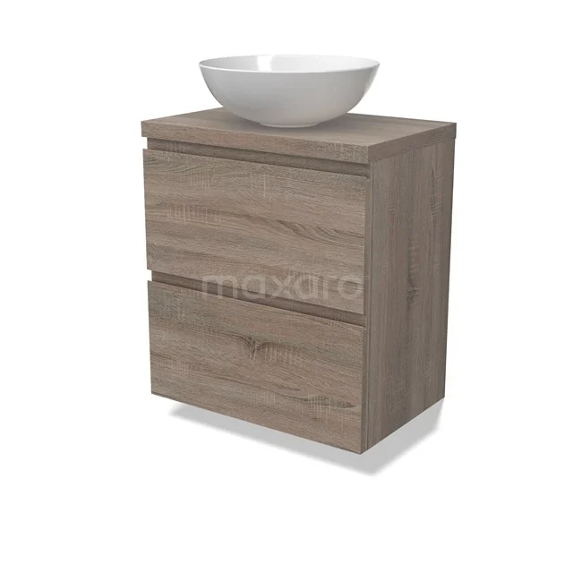 Modulo Plato Slim Vanity units for countertop basin | 60 cm Oak Handle-less front Oak worktop 2 Stacked drawers BMK37-02471