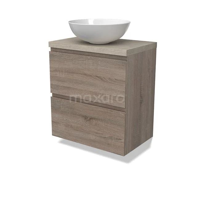 Modulo Plato Slim Vanity units for countertop basin | 60 cm Oak Handle-less front Light grey oak worktop 2 Stacked drawers BMK37-02472