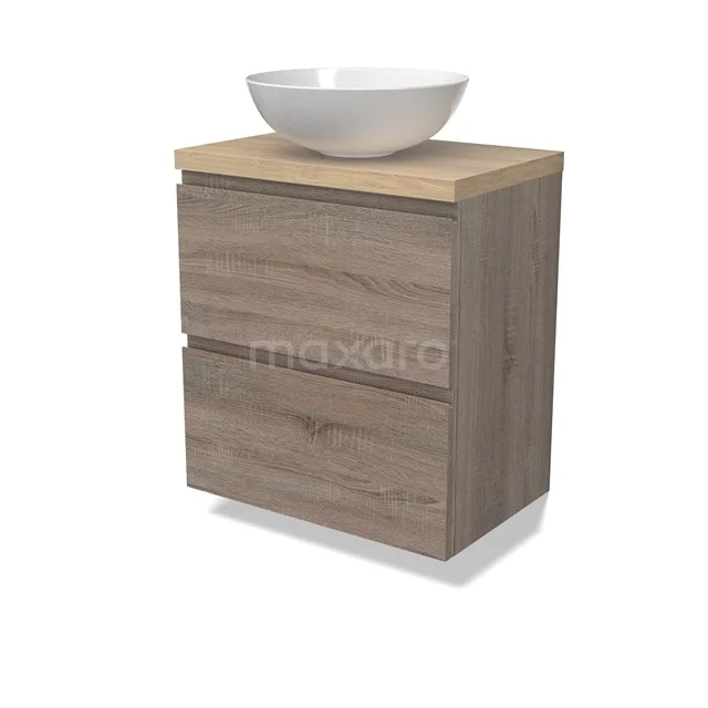 Modulo Plato Slim Vanity units for countertop basin | 60 cm Oak Handle-less front Light brown oak worktop 2 Stacked drawers BMK37-02473