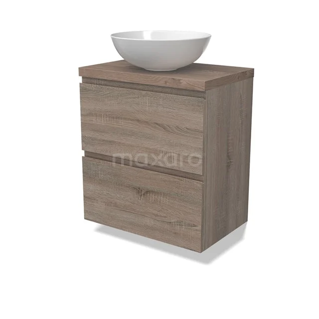 Modulo Plato Slim Vanity units for countertop basin | 60 cm Oak Handle-less front Mid brown oak worktop 2 Stacked drawers BMK37-02474