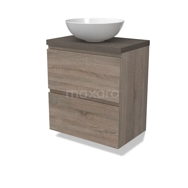 Modulo Plato Slim Vanity units for countertop basin | 60 cm Oak Handle-less front Dark brown oak worktop 2 Stacked drawers BMK37-02475