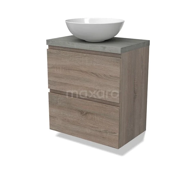 Modulo Plato Slim Vanity units for countertop basin | 60 cm Oak Handle-less front Grey oak worktop 2 Stacked drawers BMK37-02476