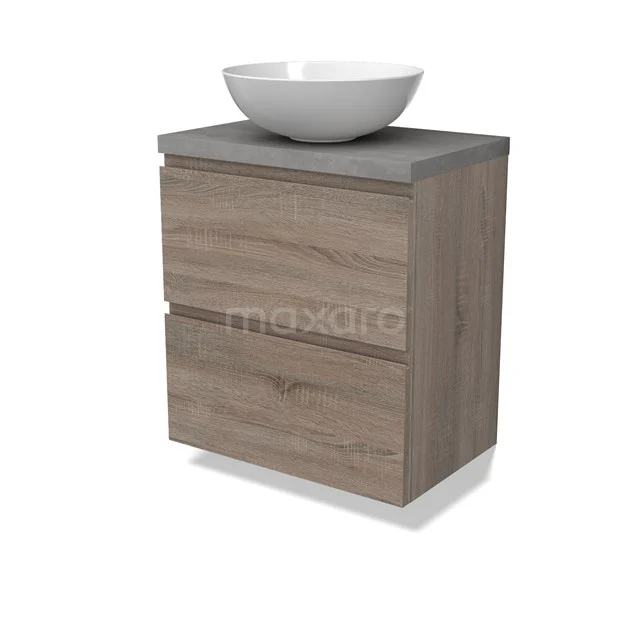 Modulo Plato Slim Vanity units for countertop basin | 60 cm Oak Handle-less front Light grey concrete worktop 2 Stacked drawers BMK37-02477