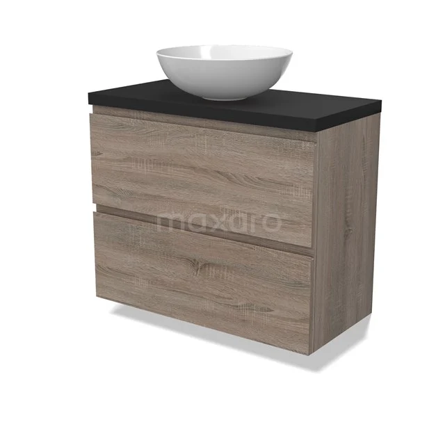 Modulo Plato Slim Badmöbel mit Aufsatzwaschbecken | 80 cm Eiche Grifflos front Matt Schwarz blatt 2 übereinanderliegende Schubladen BMK37-02479