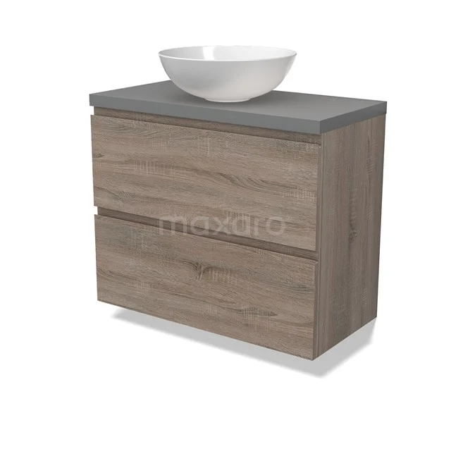 Modulo Plato Slim Vanity units for countertop basin | 80 cm Oak Handle-less front Mid grey worktop 2 Stacked drawers BMK37-02480