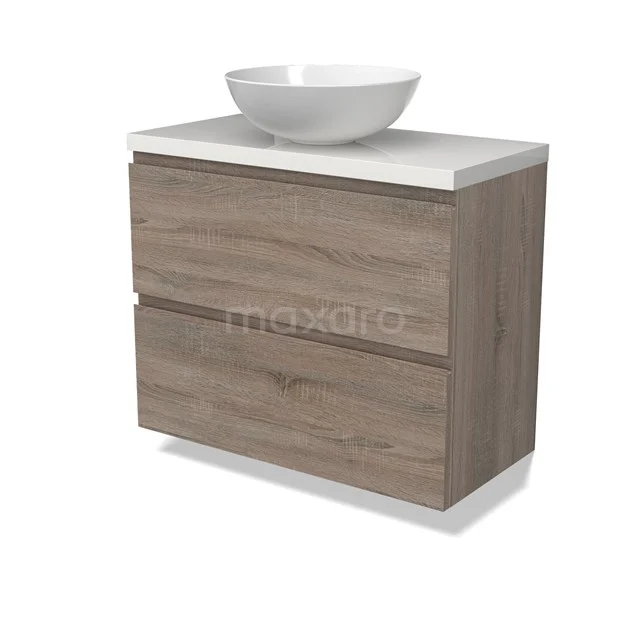 Modulo Plato Slim Badmöbel mit Aufsatzwaschbecken | 80 cm Eiche Grifflos front Hochglanz Weiß blatt 2 übereinanderliegende Schubladen BMK37-02481