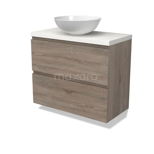 Modulo Plato Slim Badmöbel mit Aufsatzwaschbecken | 80 cm Eiche Grifflos front Matt Weiß blatt 2 übereinanderliegende Schubladen BMK37-02482