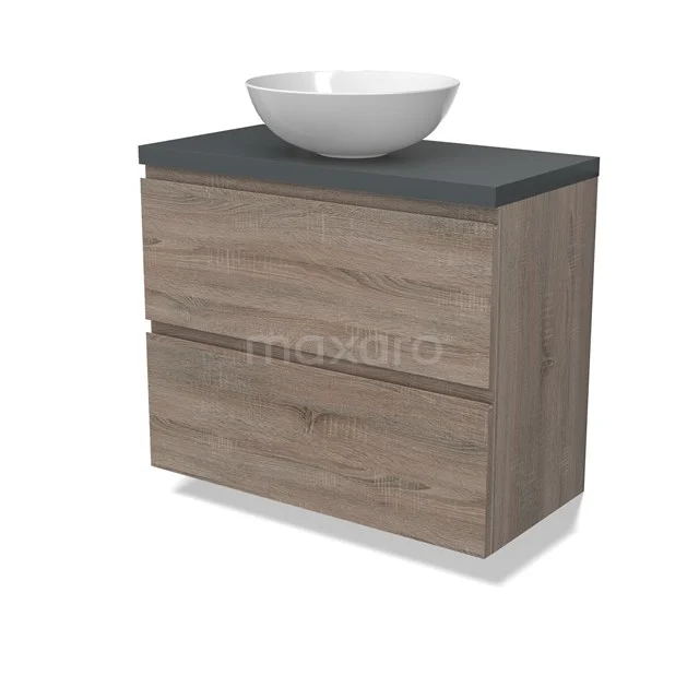 Modulo Plato Slim Vanity units for countertop basin | 80 cm Oak Handle-less front Dark grey worktop 2 Stacked drawers BMK37-02483