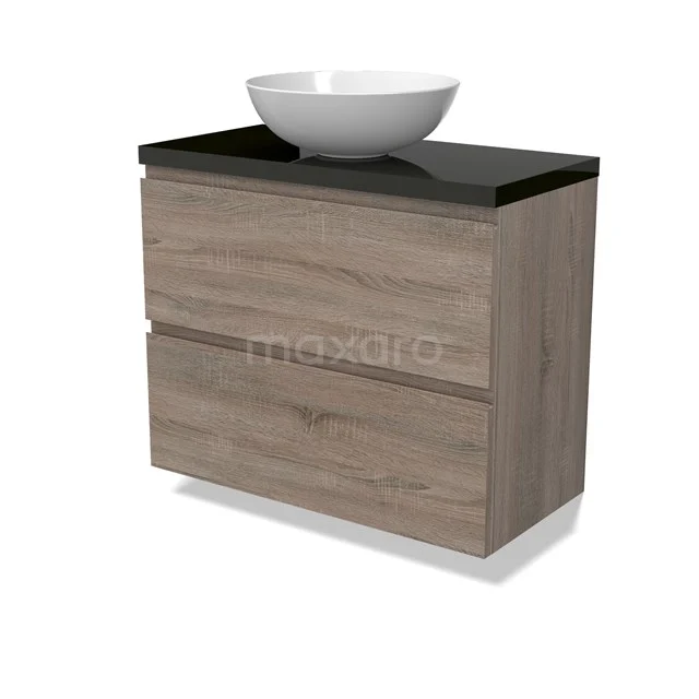 Modulo Plato Slim Badmöbel mit Aufsatzwaschbecken | 80 cm Eiche Grifflos front Hochglanz Schwarz blatt 2 übereinanderliegende Schubladen BMK37-02484